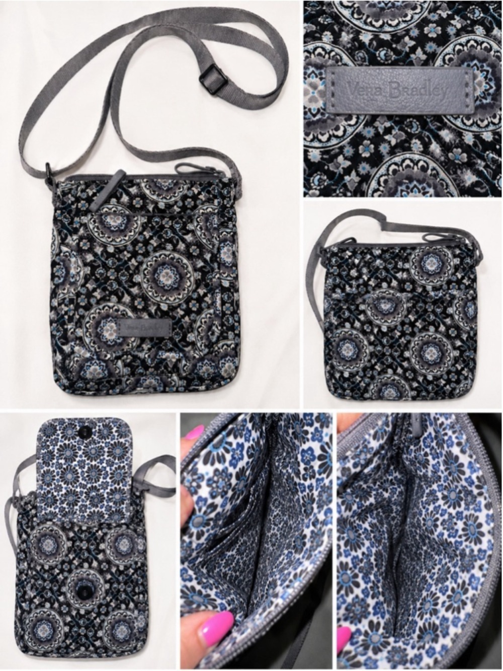Vera Bradley Quilted Crossbody Purse Gray Blue Medallion Print Travel Bag sku-9